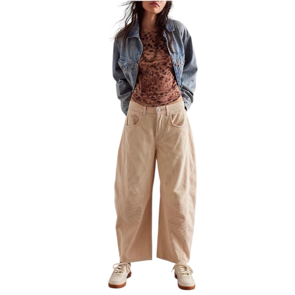 We The Free People Good Luck Corduroy Barrel Leg Pants 30 crystal gray cream
